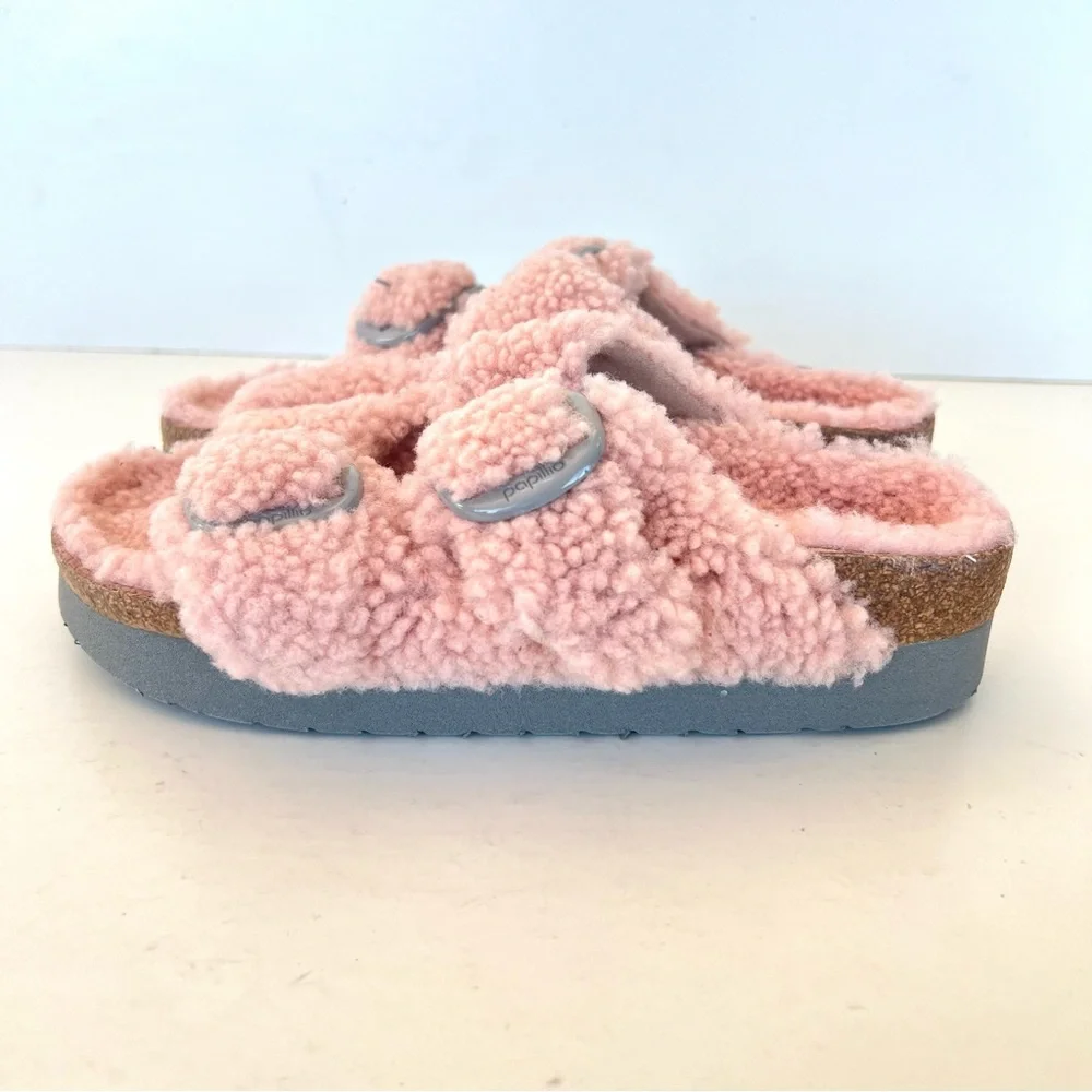 BIRKENSTOCK Papillio Arizona Rosa Pink Teddy Big Buckle Shearling Sandals Sz 39